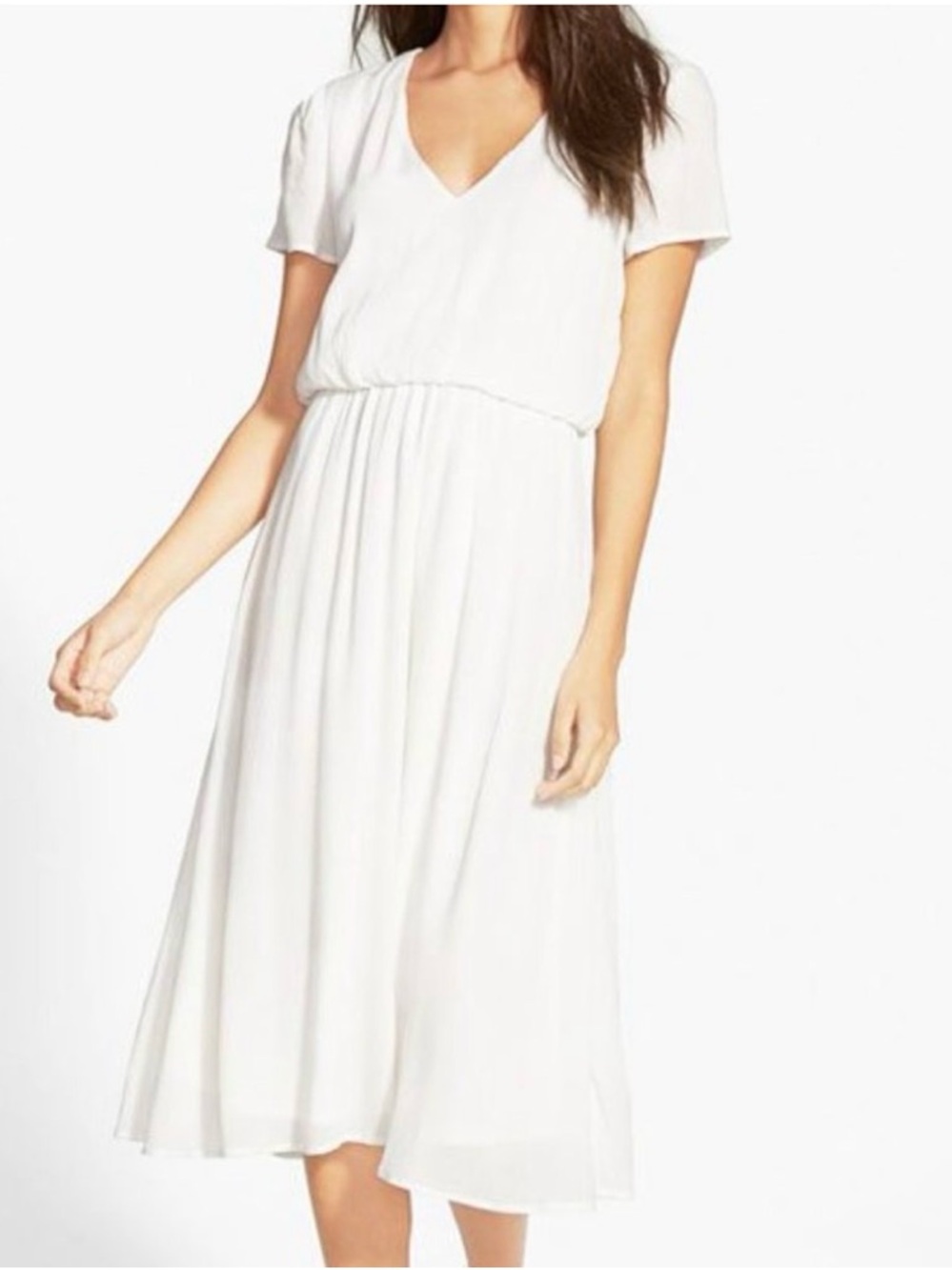 Wayf Blouson Ivory V-Neck Short Sleeve Midi Summer Dress Size XS NWT
